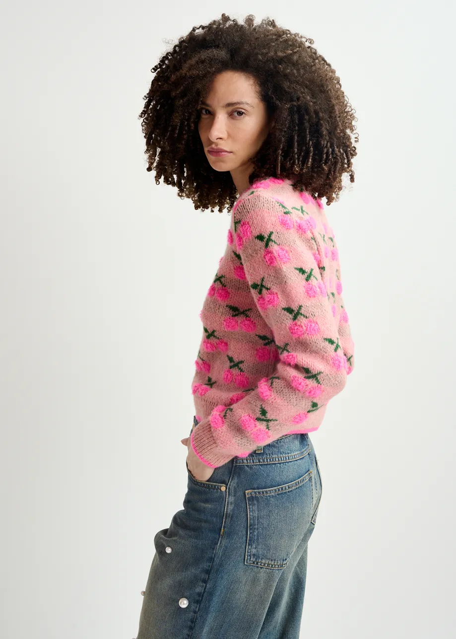 Vintage pink intarsia-knitted sweater with cherry pattern