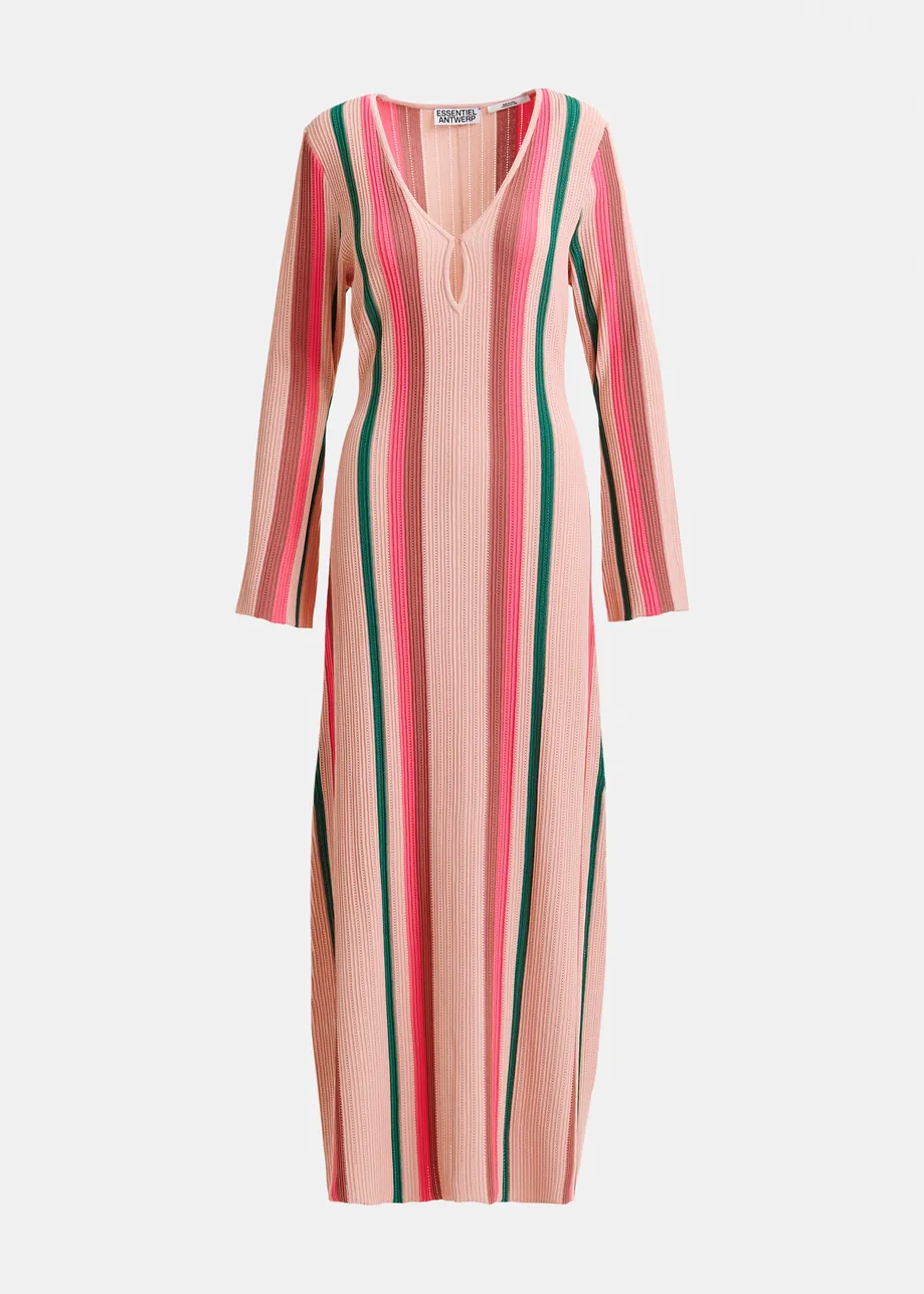 Peach, green and pink striped knit maxi dress with keyhole detail