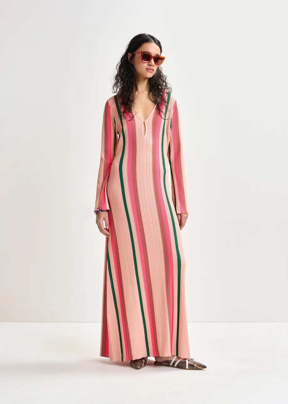 Peach, green and pink striped knit maxi dress with keyhole detail