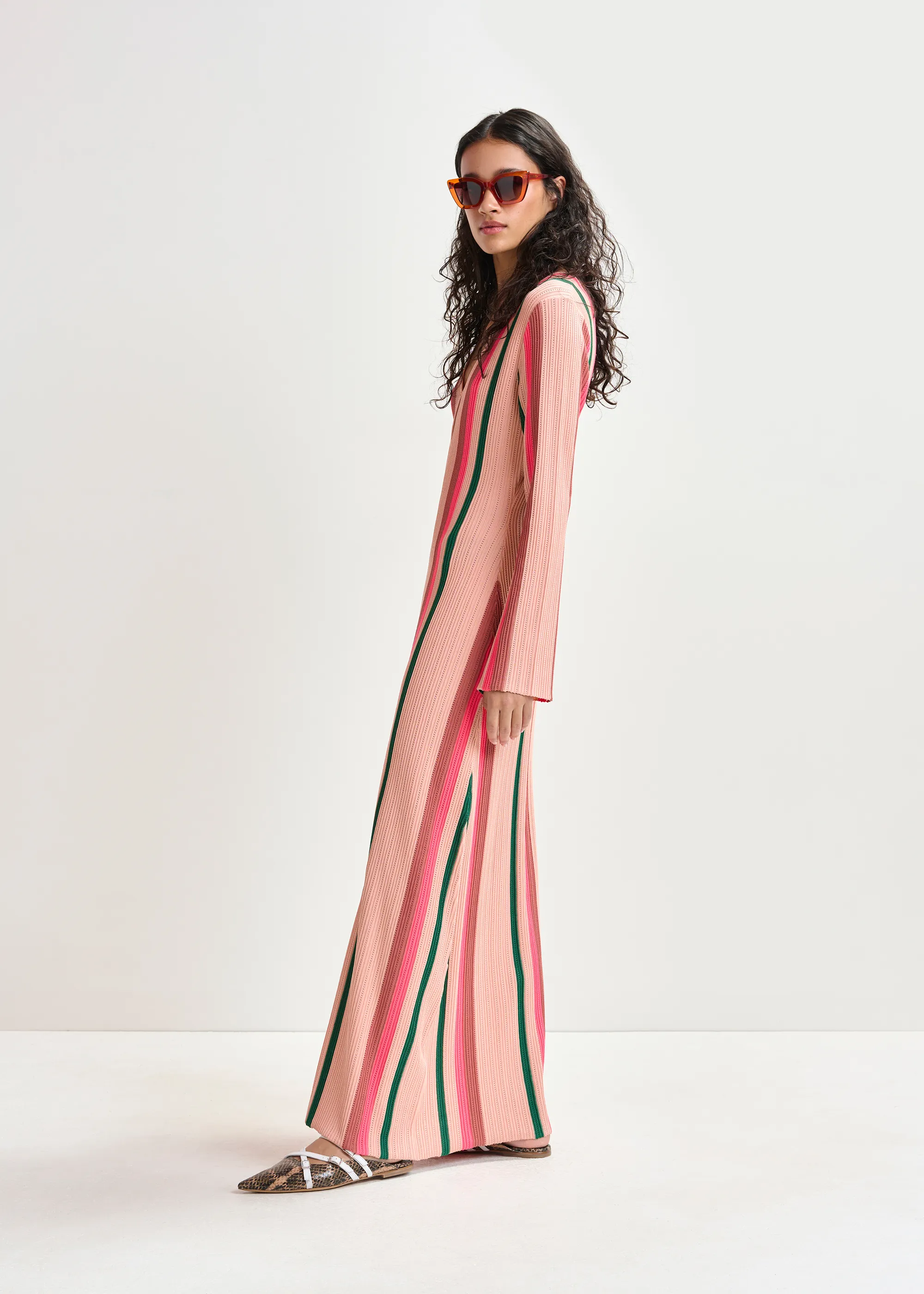 Peach, green and pink striped knit maxi dress with keyhole detail |  Essentiel Antwerp United States