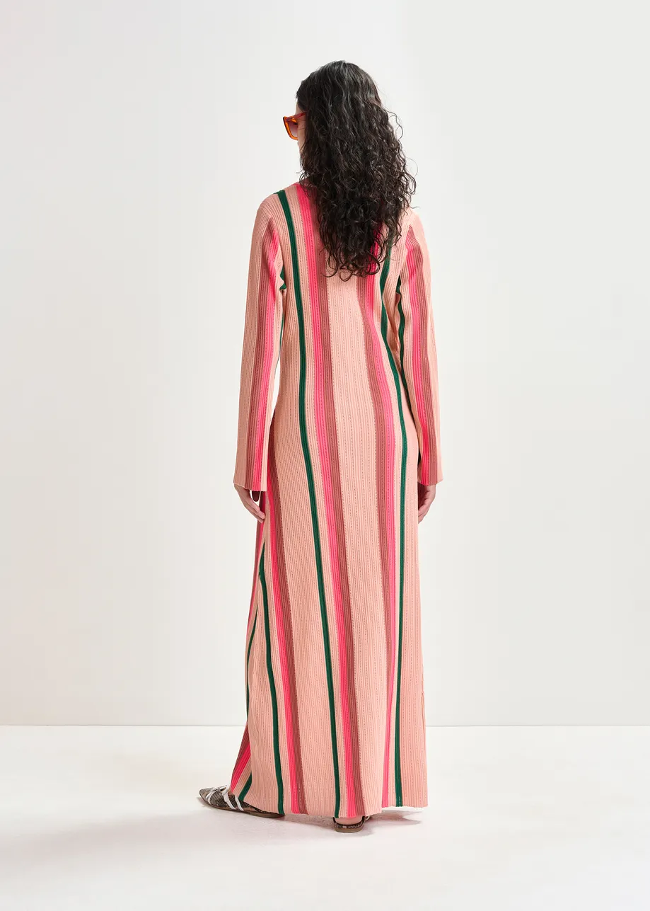 Peach, green and pink striped knit maxi dress with keyhole detail