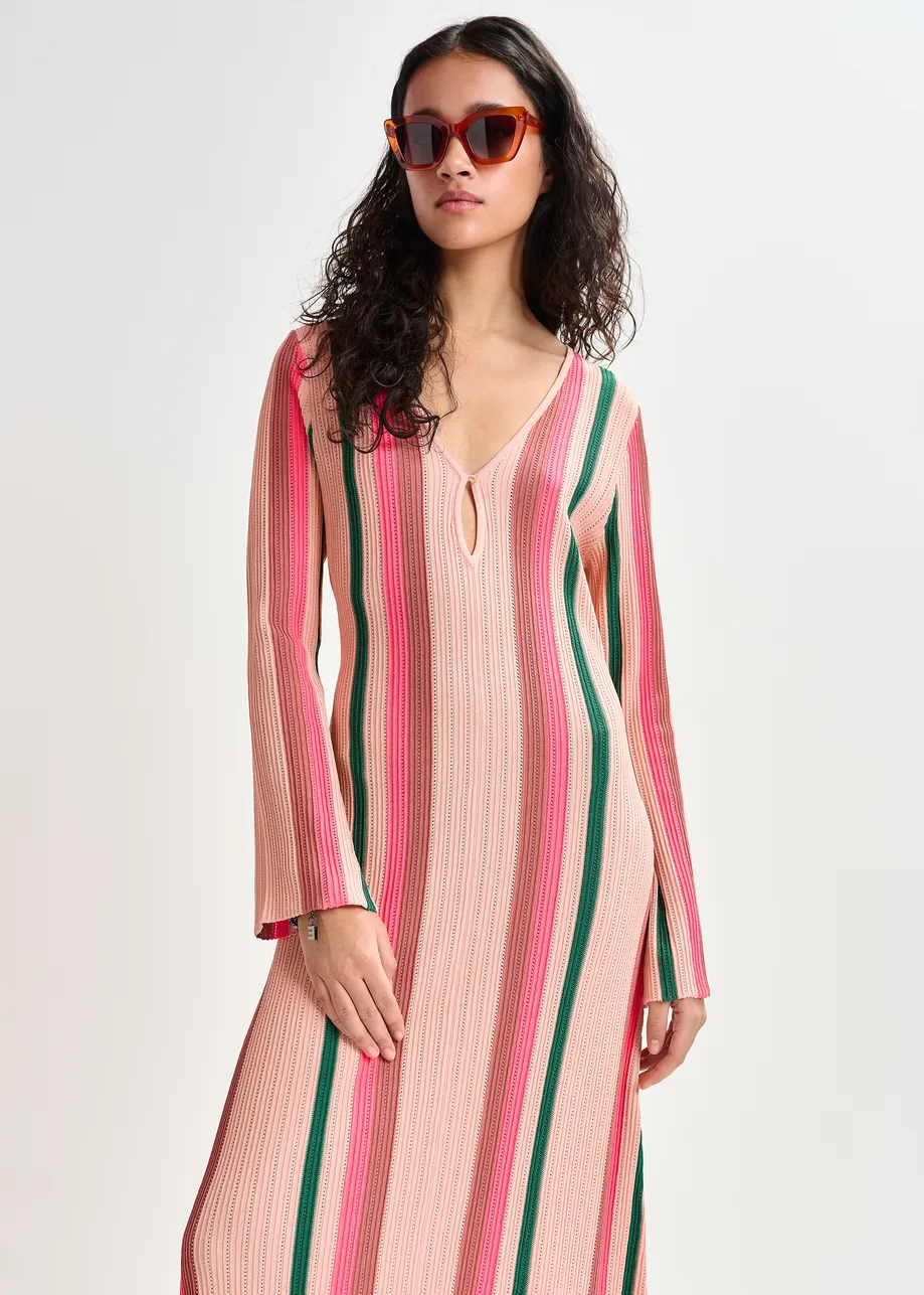 Peach, green and pink striped knit maxi dress with keyhole detail