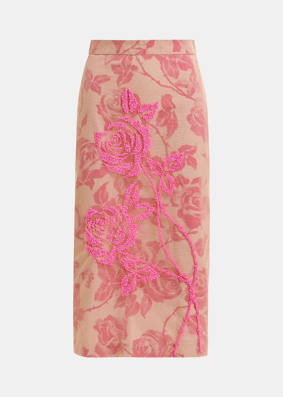 Gonna midi in tulle rosa con ricami floreali di paillettes