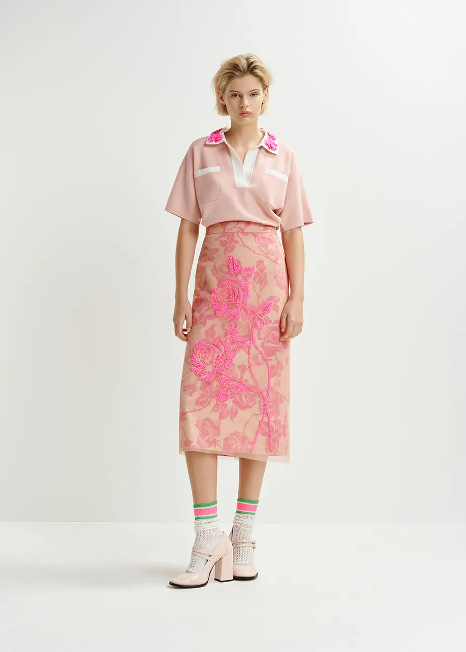 Pink tule midi skirt with sequin floral embroideries