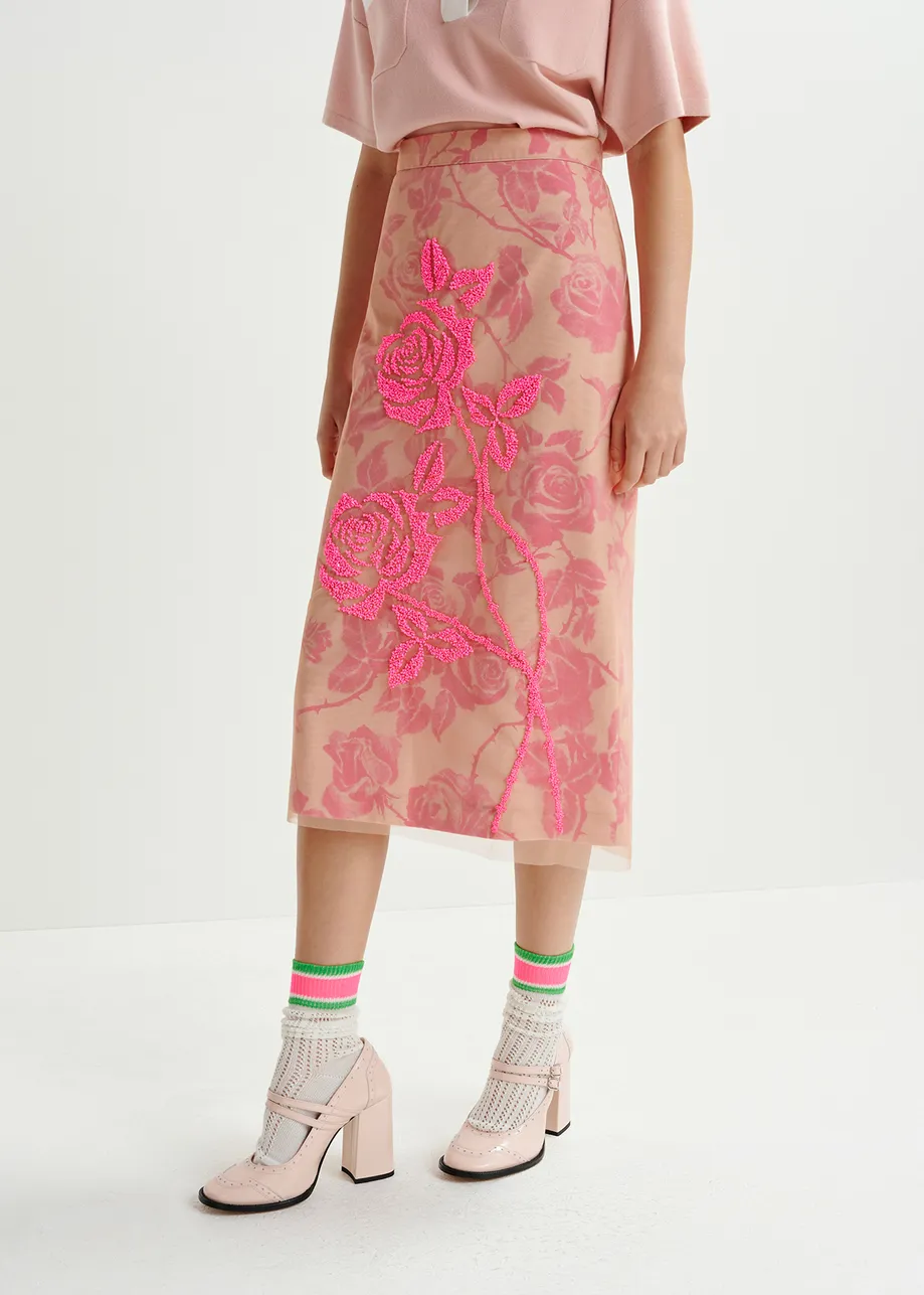 Pink tule midi skirt with sequin floral embroideries