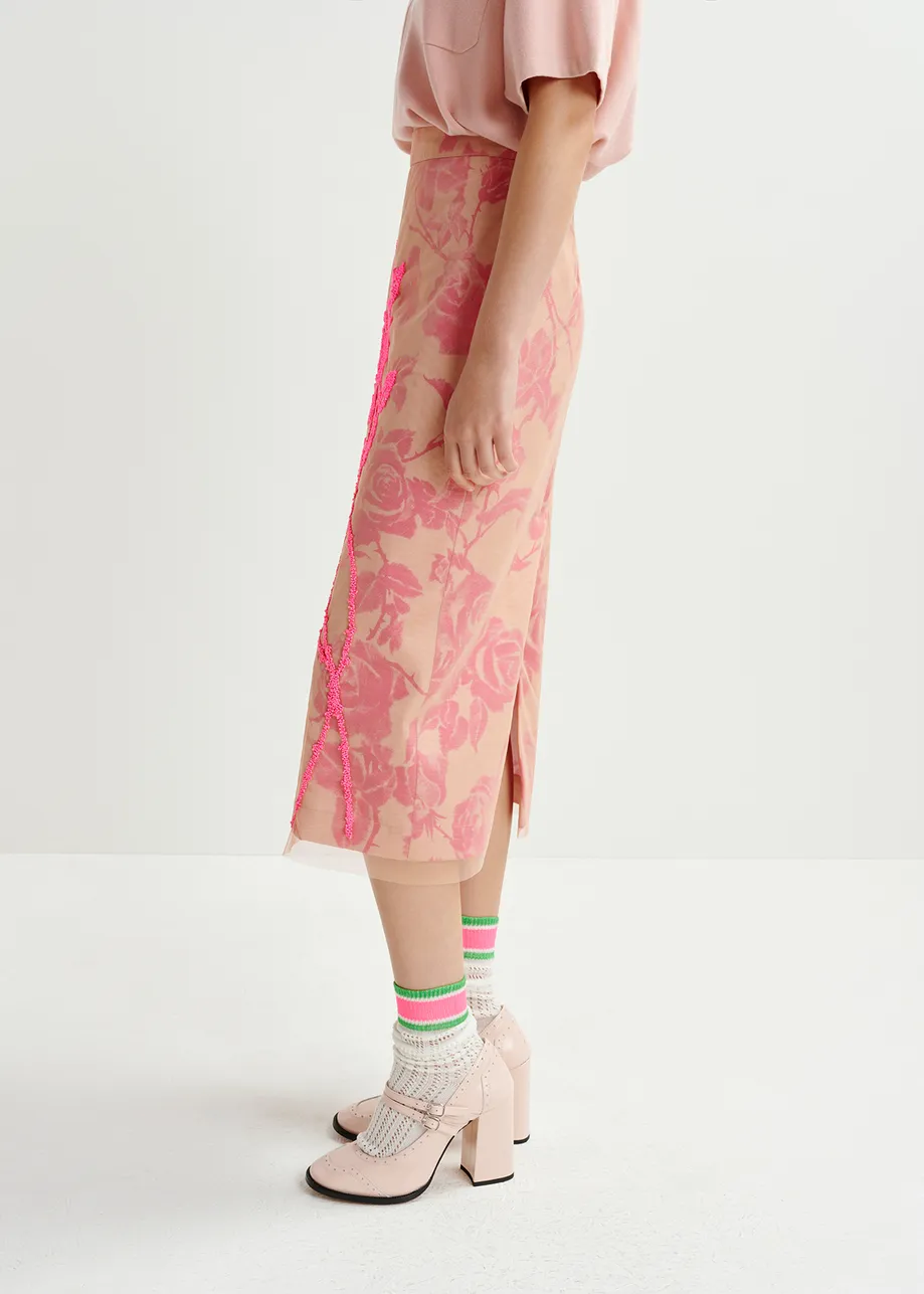 Pink tule midi skirt with sequin floral embroideries