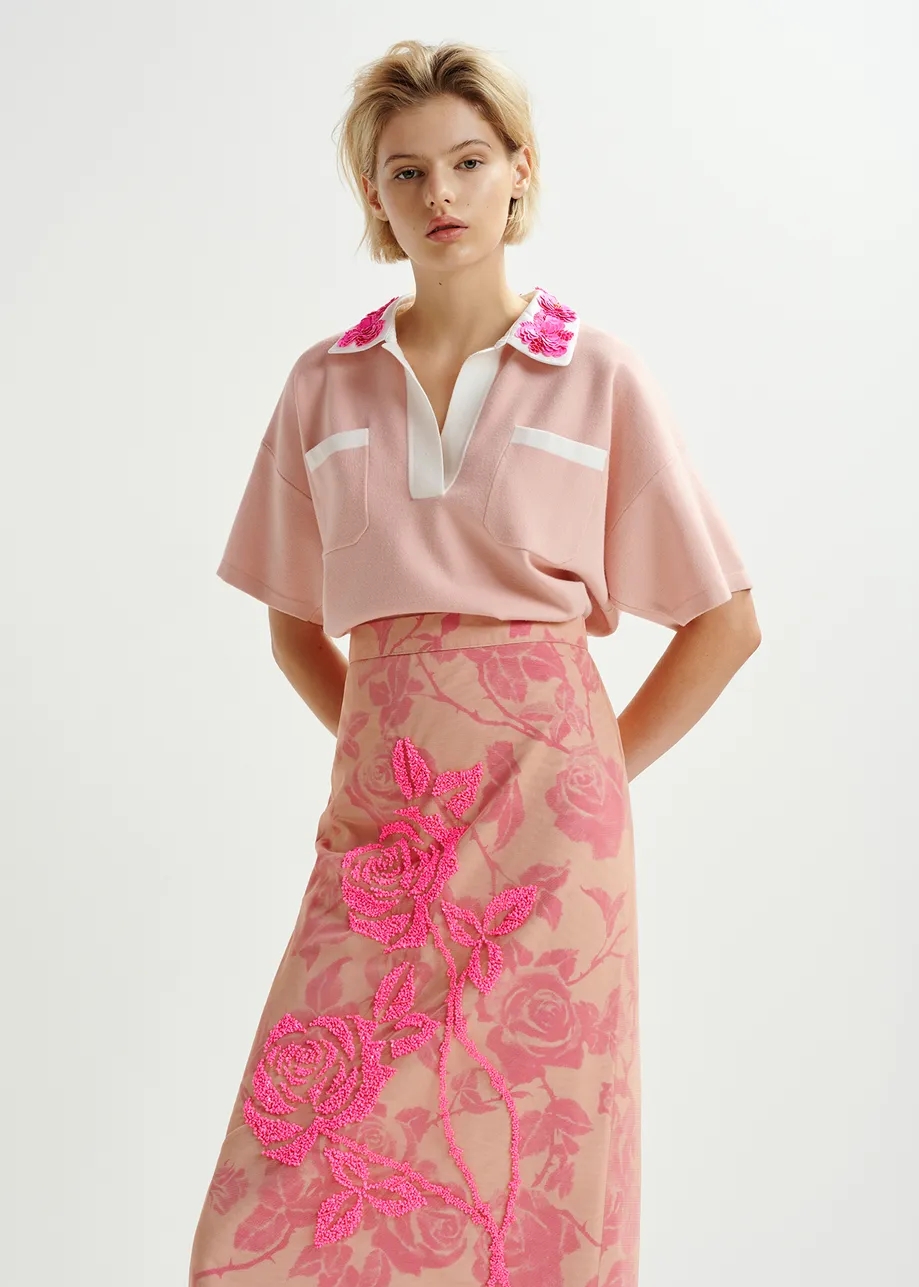 Pink tule midi skirt with sequin floral embroideries