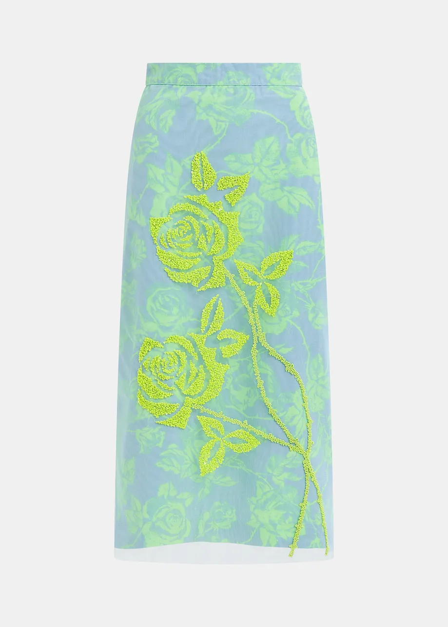 Light blue and mint green tule midi skirt with sequin floral embroideries