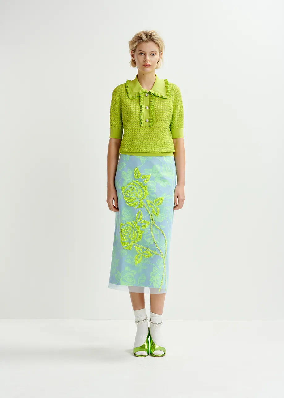 Light blue and mint green tule midi skirt with sequin floral embroideries