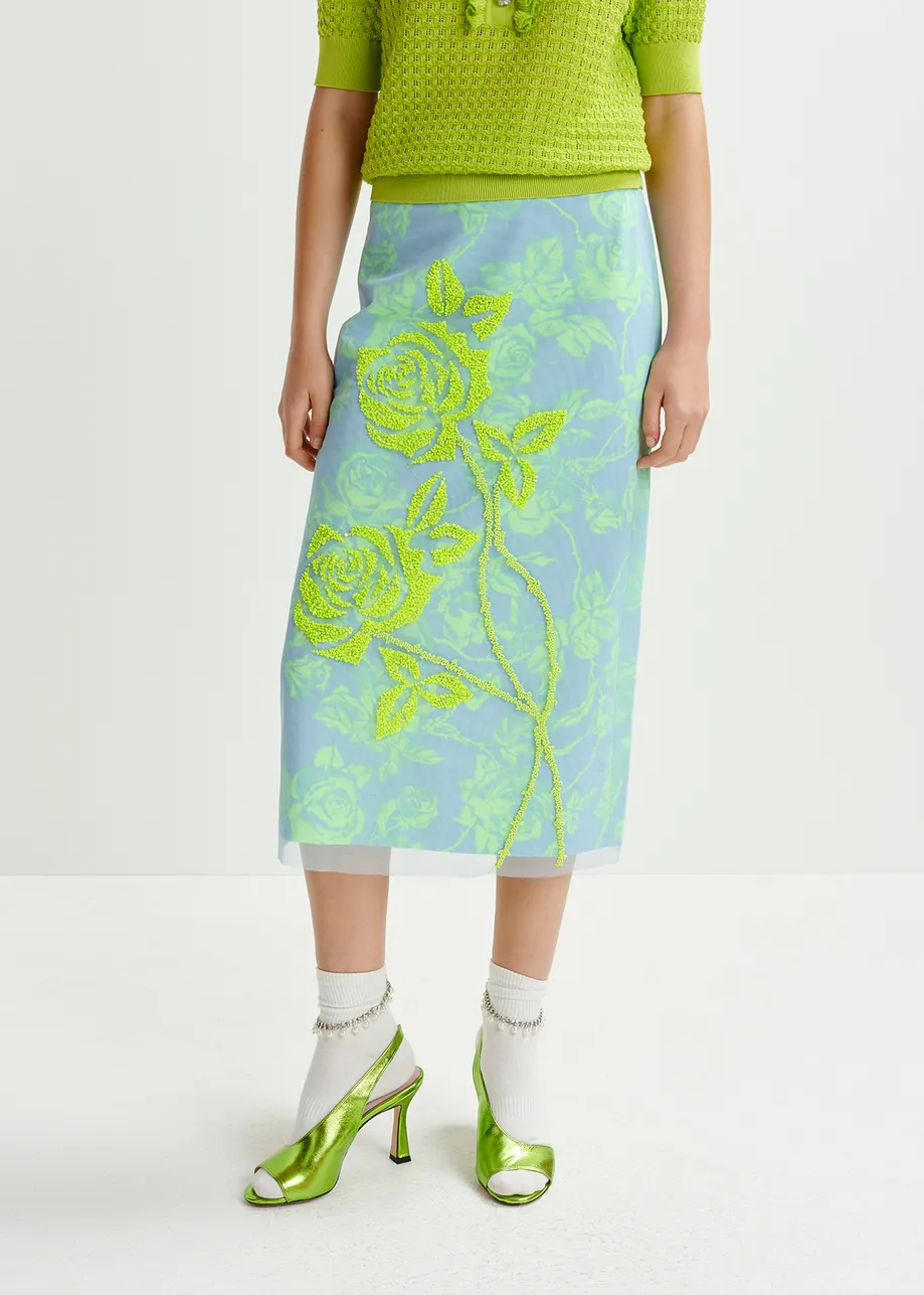 Light blue and mint green tule midi skirt with sequin floral embroideries