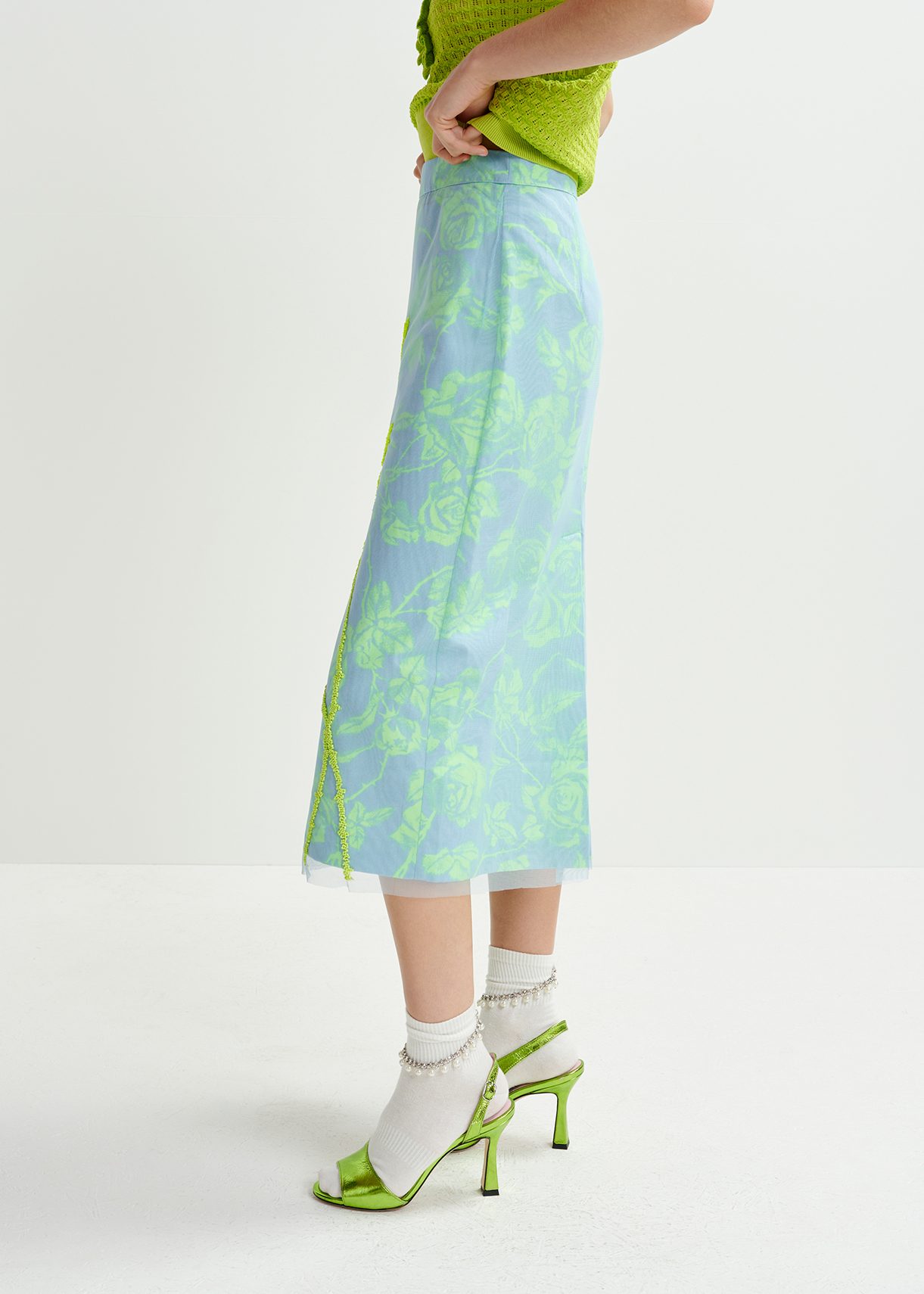 Light blue and mint green tule midi skirt with sequin floral