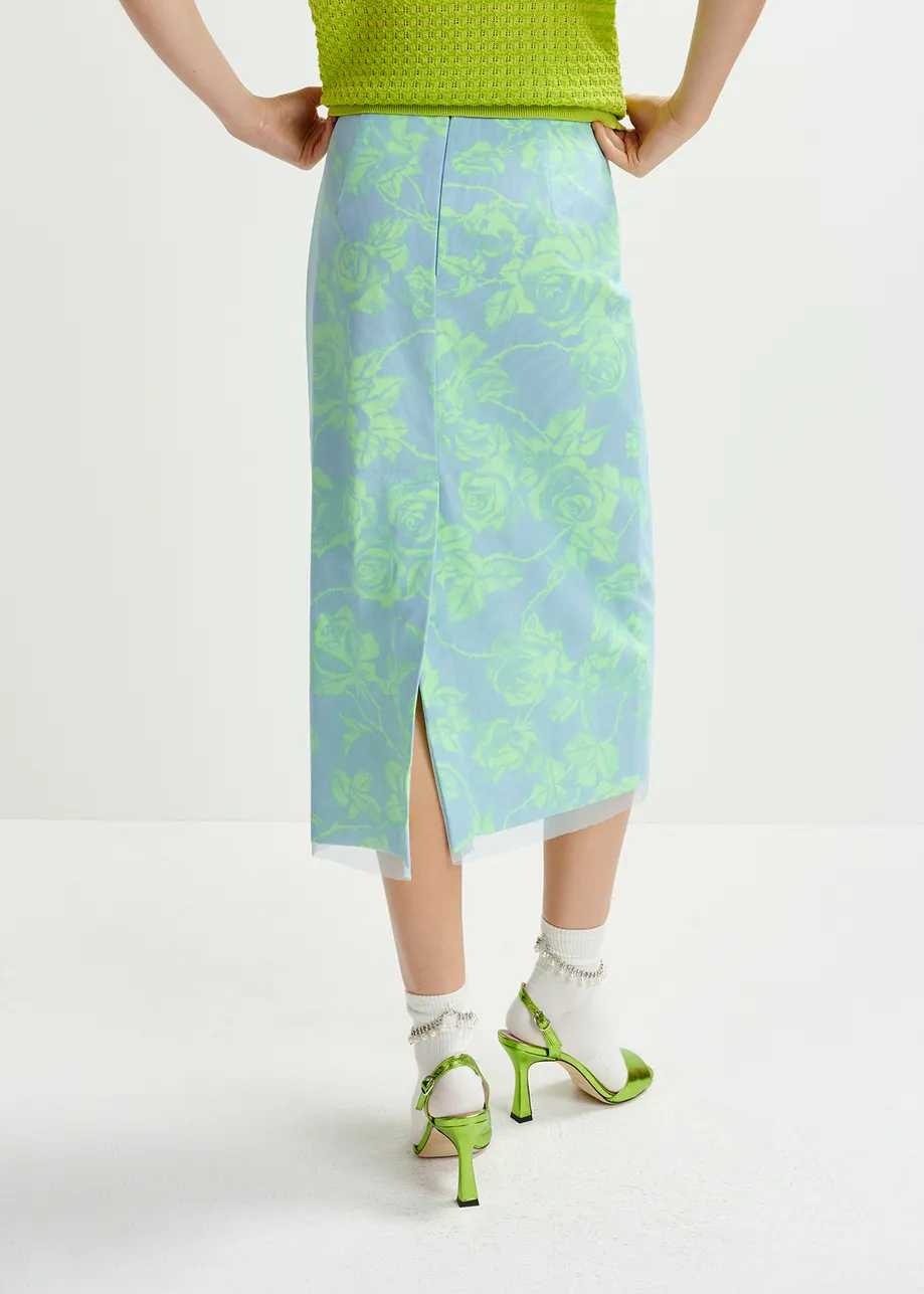 Light blue and mint green tule midi skirt with sequin floral embroideries