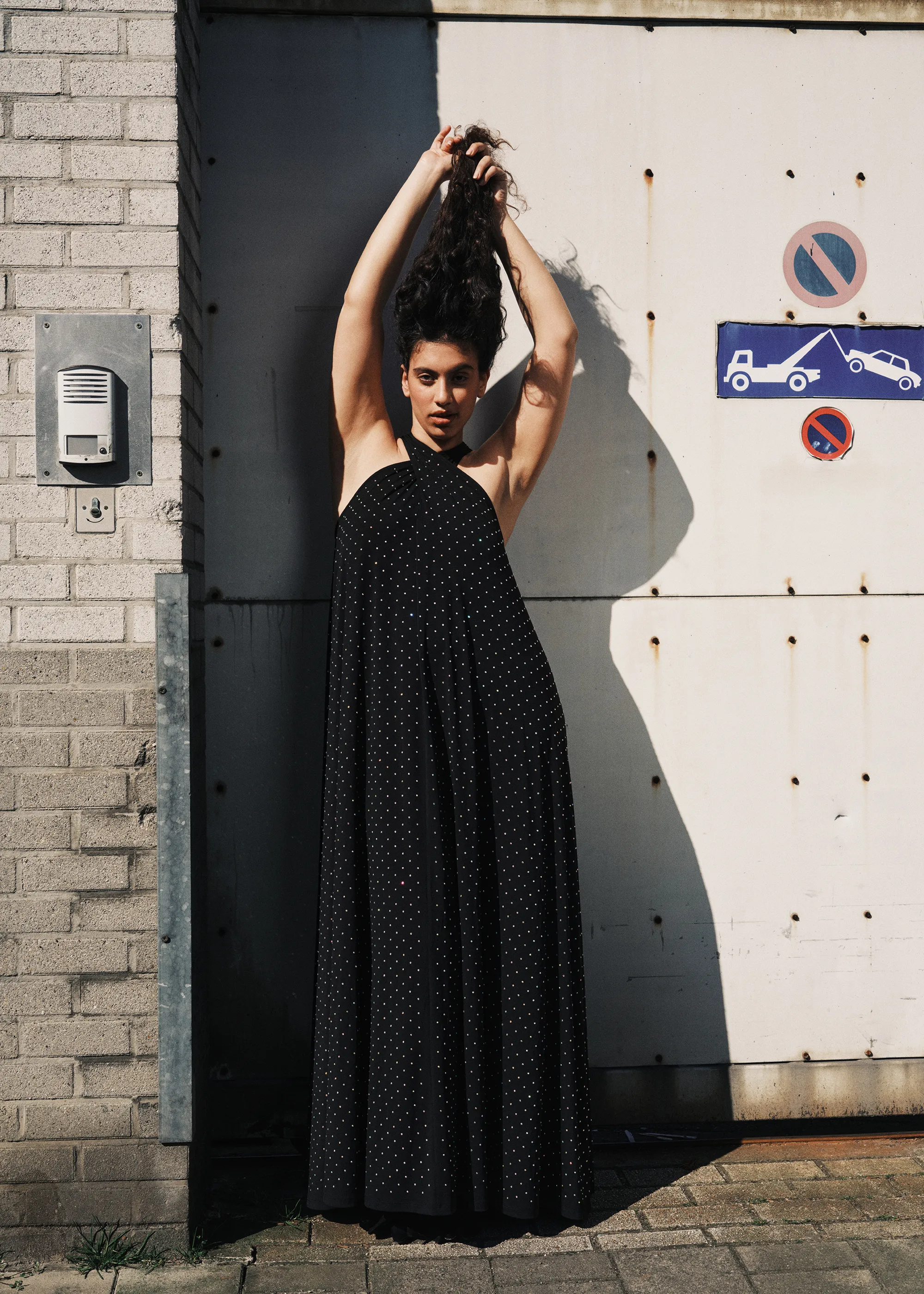knee length dresses for ladies Preslie Black Satin & Crystal Mesh Sheath Maxi Dress main image 0