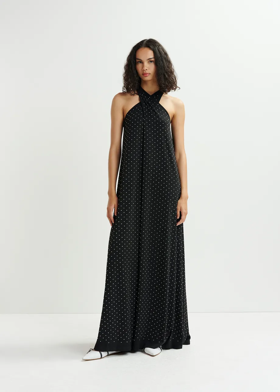 Black and white halter neck maxi-length dress