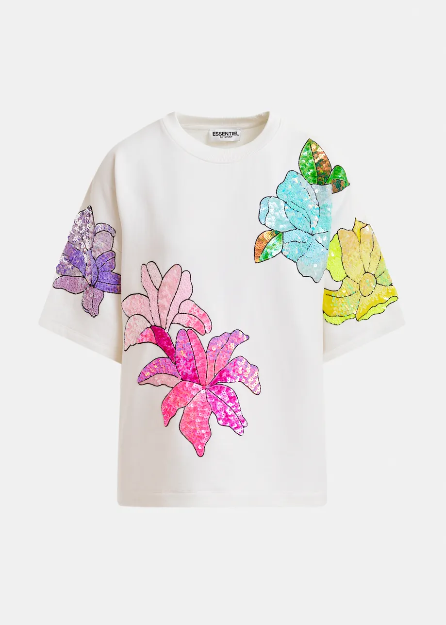 Weißes und mehrfarbiges Sweatshirt mit Blumenstickerei aus Pailletten und Perlen