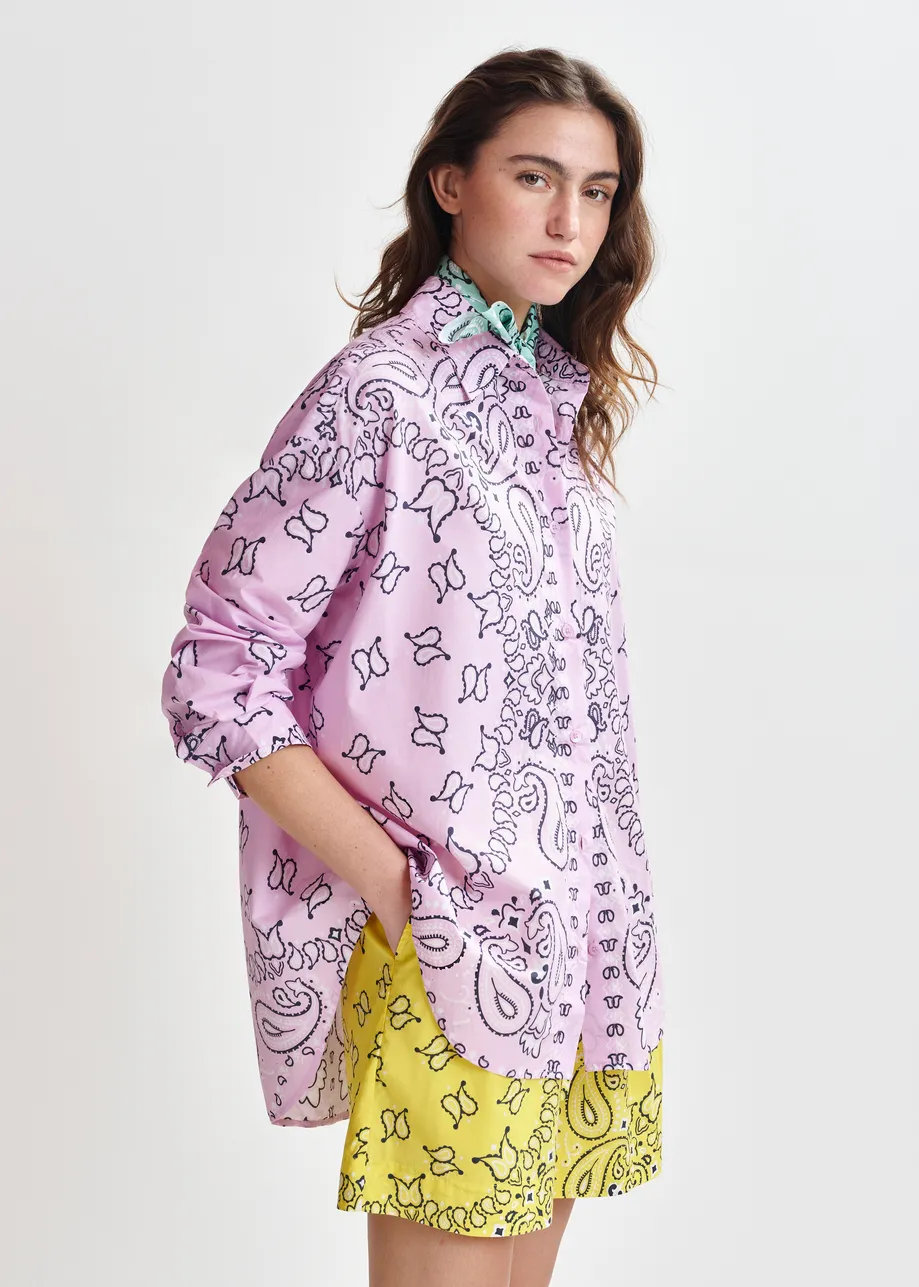 Lilac and black bandana print oversized cotton shirt