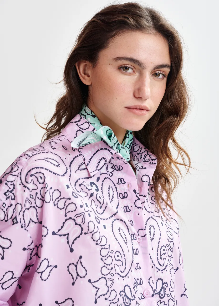 Lilac and black bandana print oversized cotton shirt