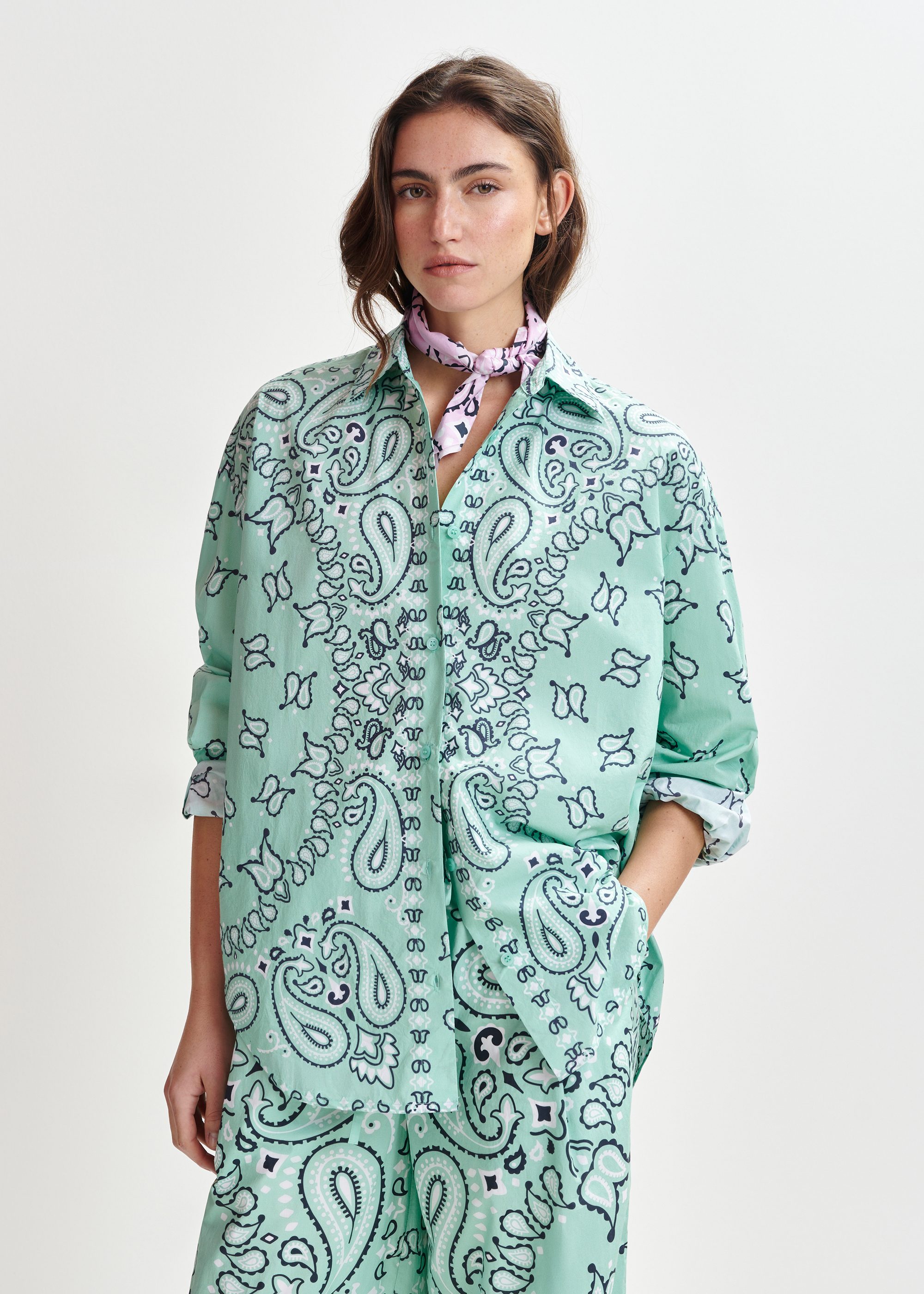 Turquoise and black bandana print oversized cotton shirt