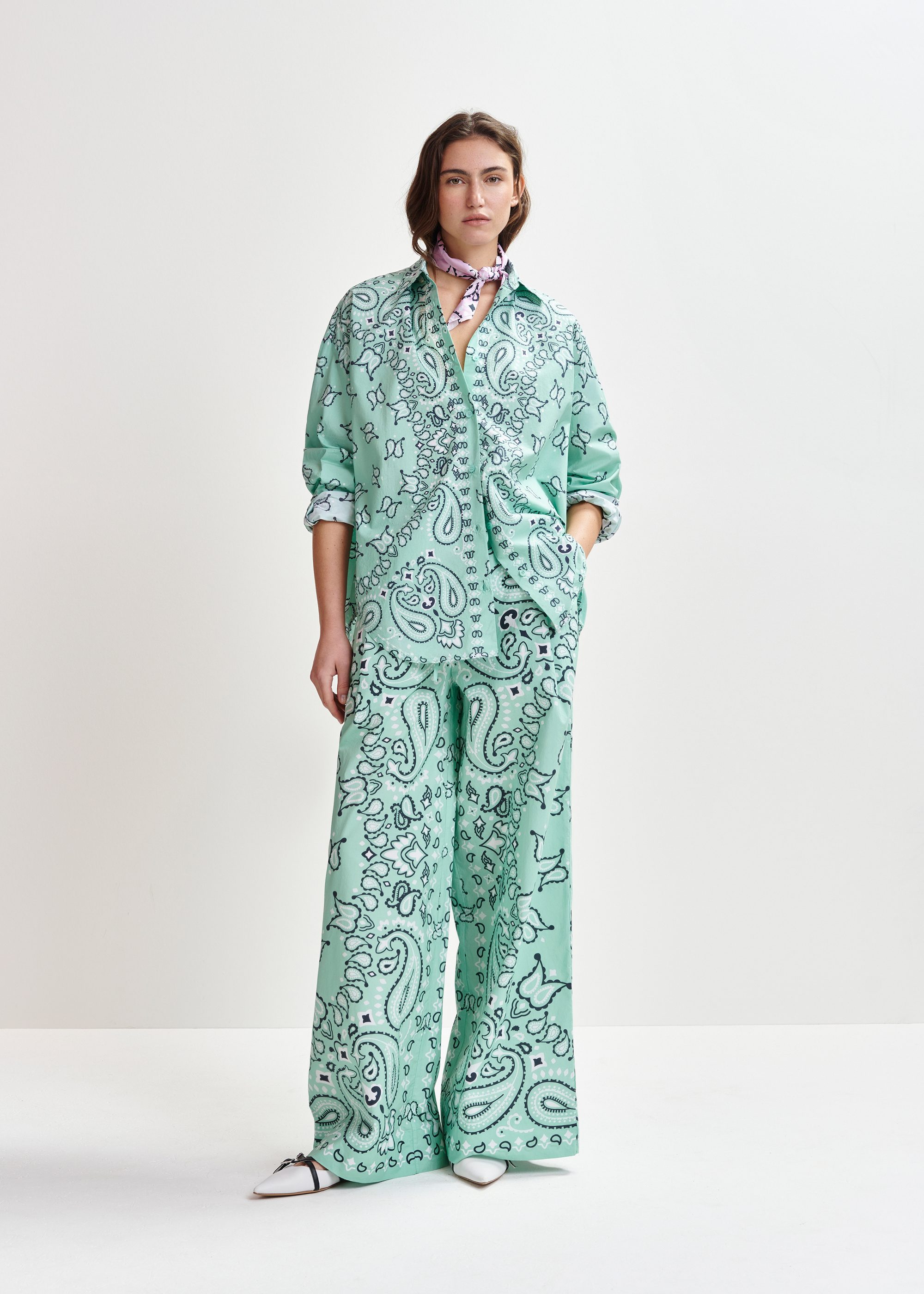 Turquoise and black bandana print oversized cotton shirt