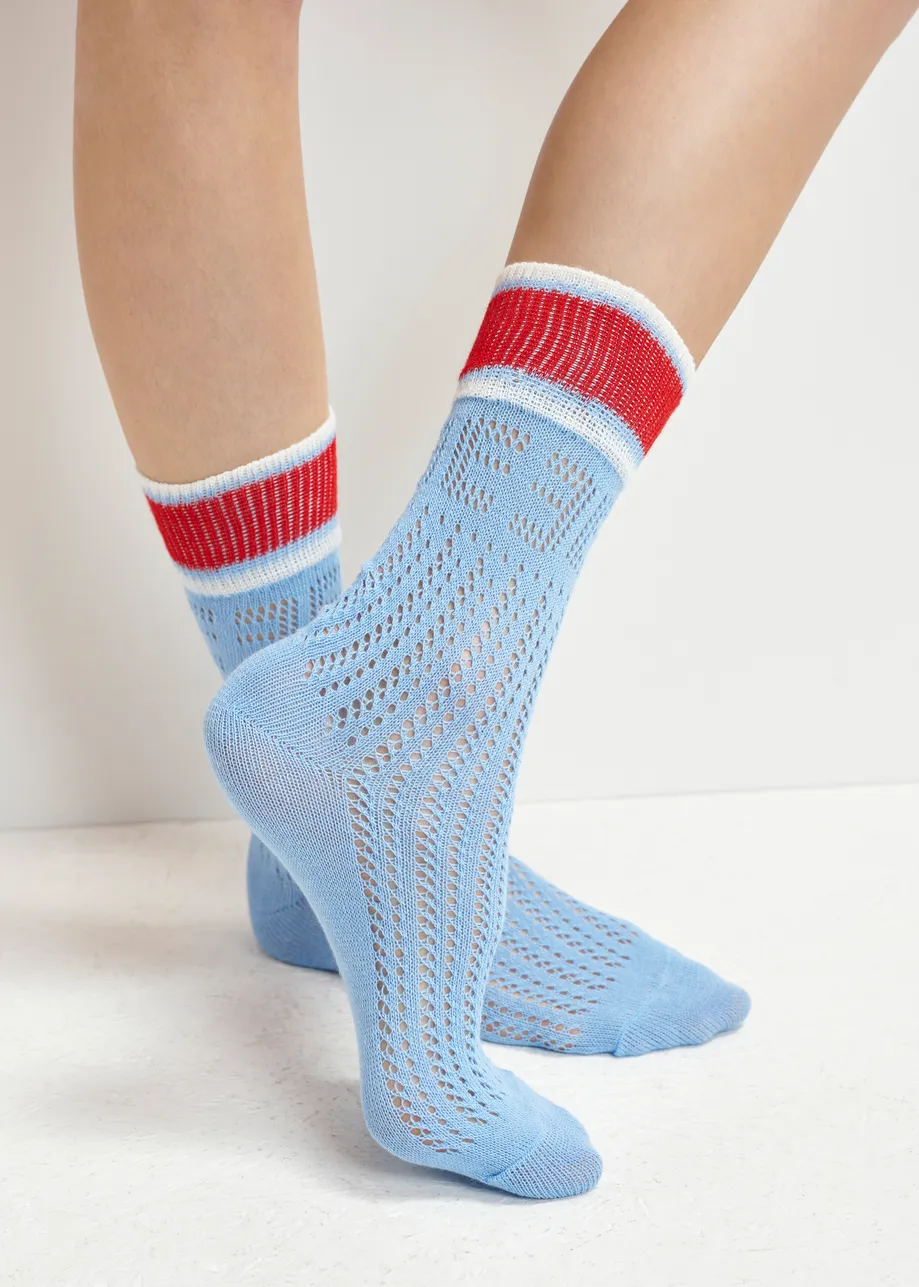 Blue, red and white point dentelle socks with a striped cuff and mirrored E design