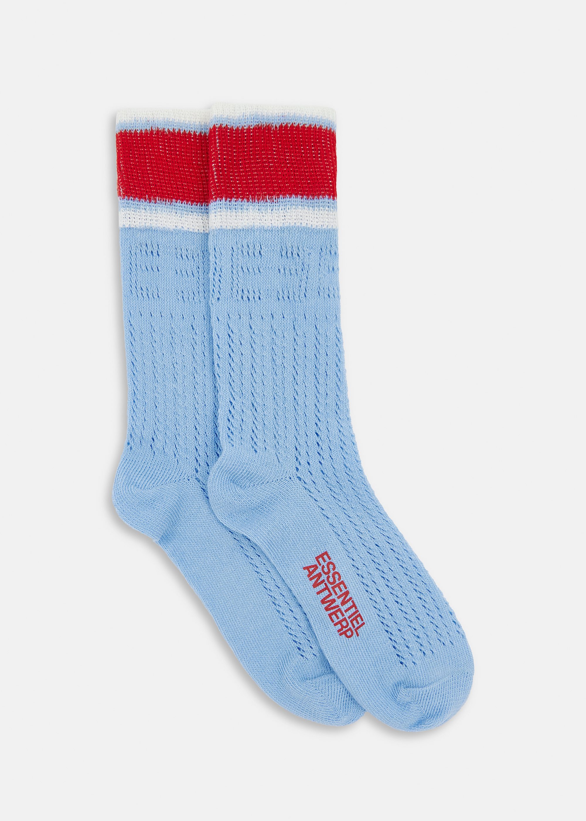 Blue, red and white point dentelle socks with a striped cuff and mirrored E design