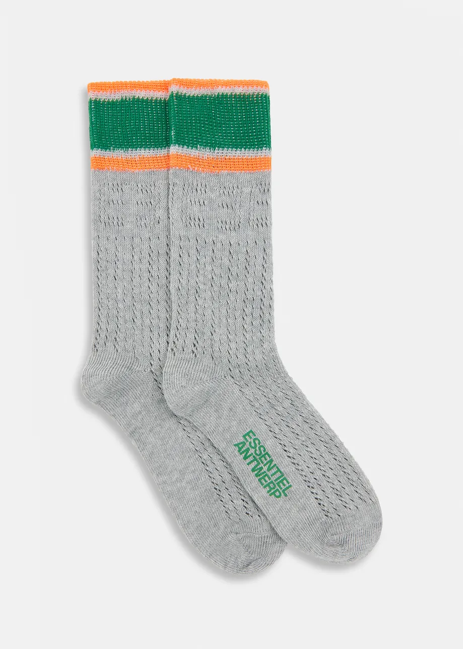 Grey, green and orange point dentelle socks with a striped cuff and mirrored E design