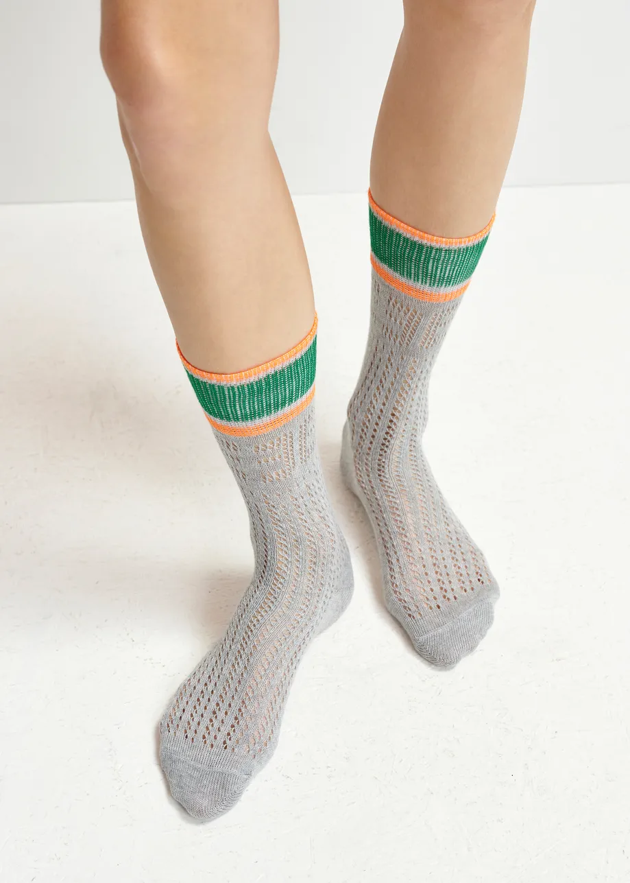 Grey, green and orange point dentelle socks with a striped cuff and mirrored E design