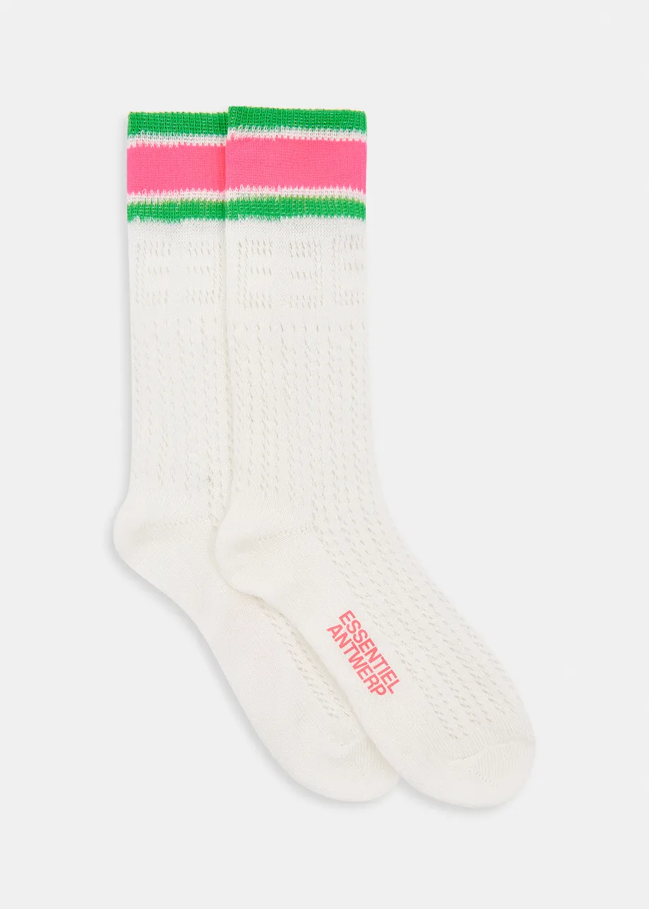 Off-white, pink and green point dentelle socks with a striped cuff and mirrored E design