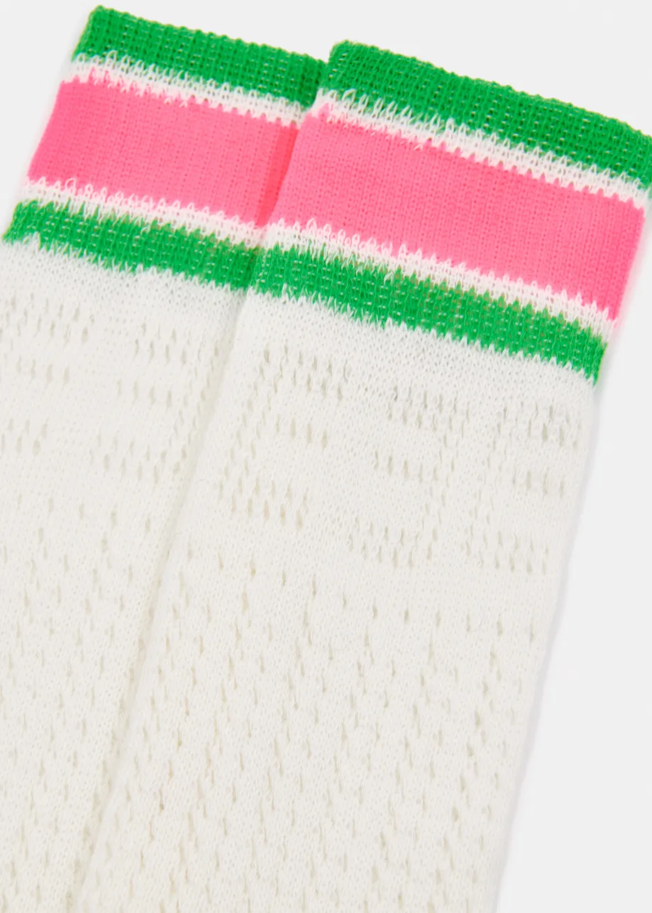 Off-white, pink and green point dentelle socks with a striped cuff and mirrored E design