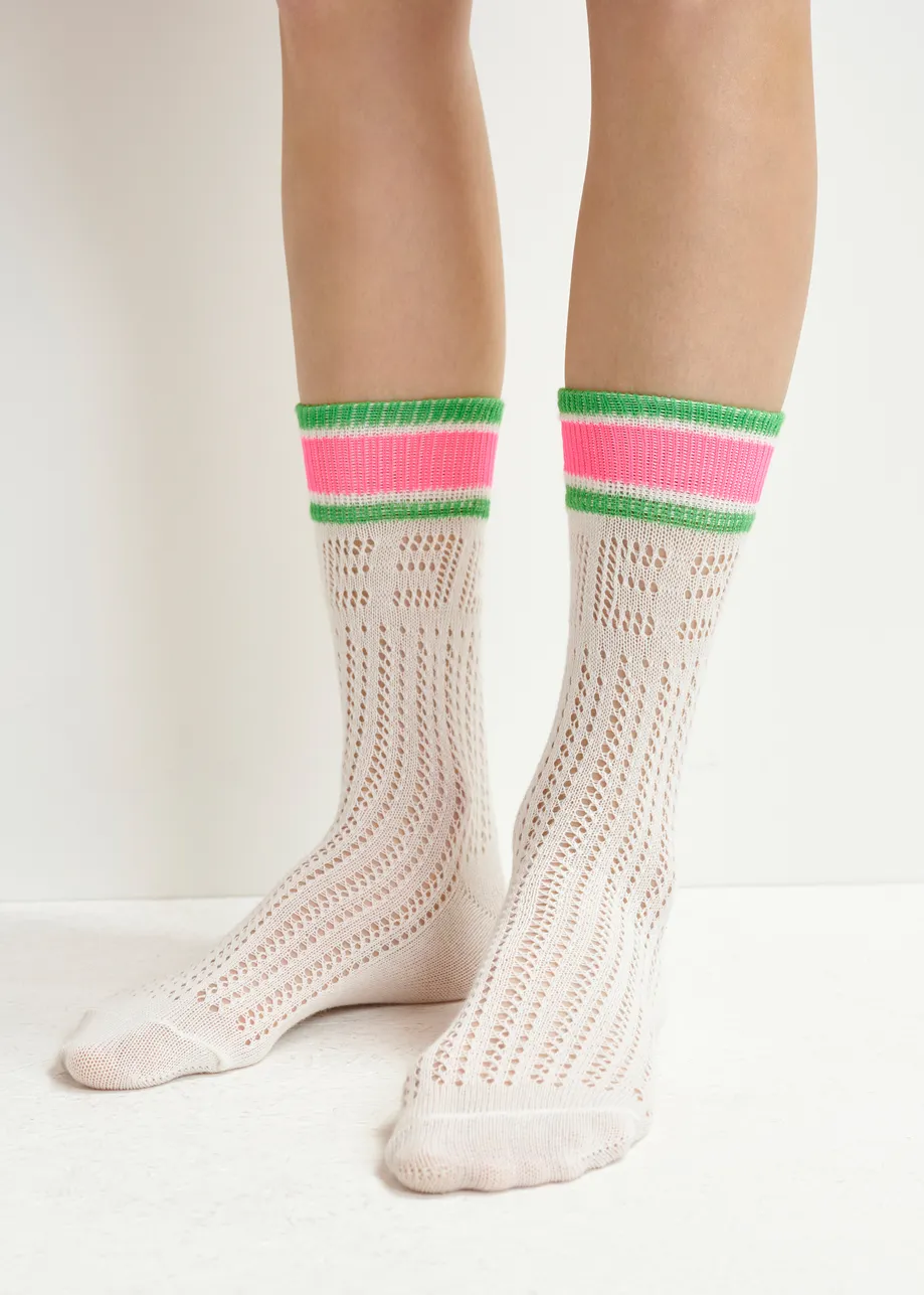 Off-white, pink and green point dentelle socks with a striped cuff and mirrored E design