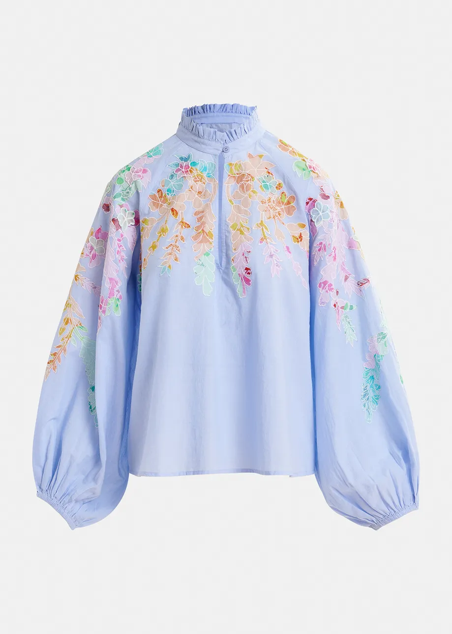 Light blue, pink and orange cotton top with floral embroidery and mandarin collar