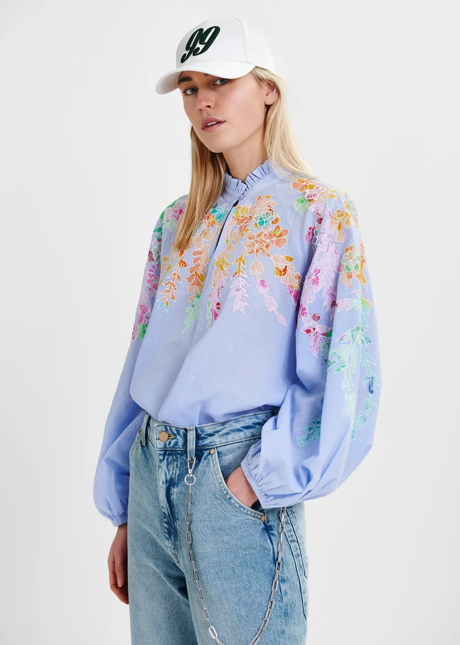 Light blue, pink and orange cotton top with floral embroidery and mandarin collar