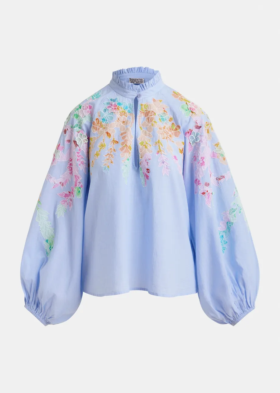 Light blue, pink and orange cotton top with floral embroidery and mandarin collar