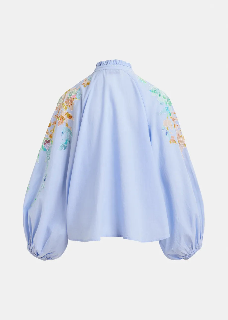 Light blue, pink and orange cotton top with floral embroidery and mandarin collar