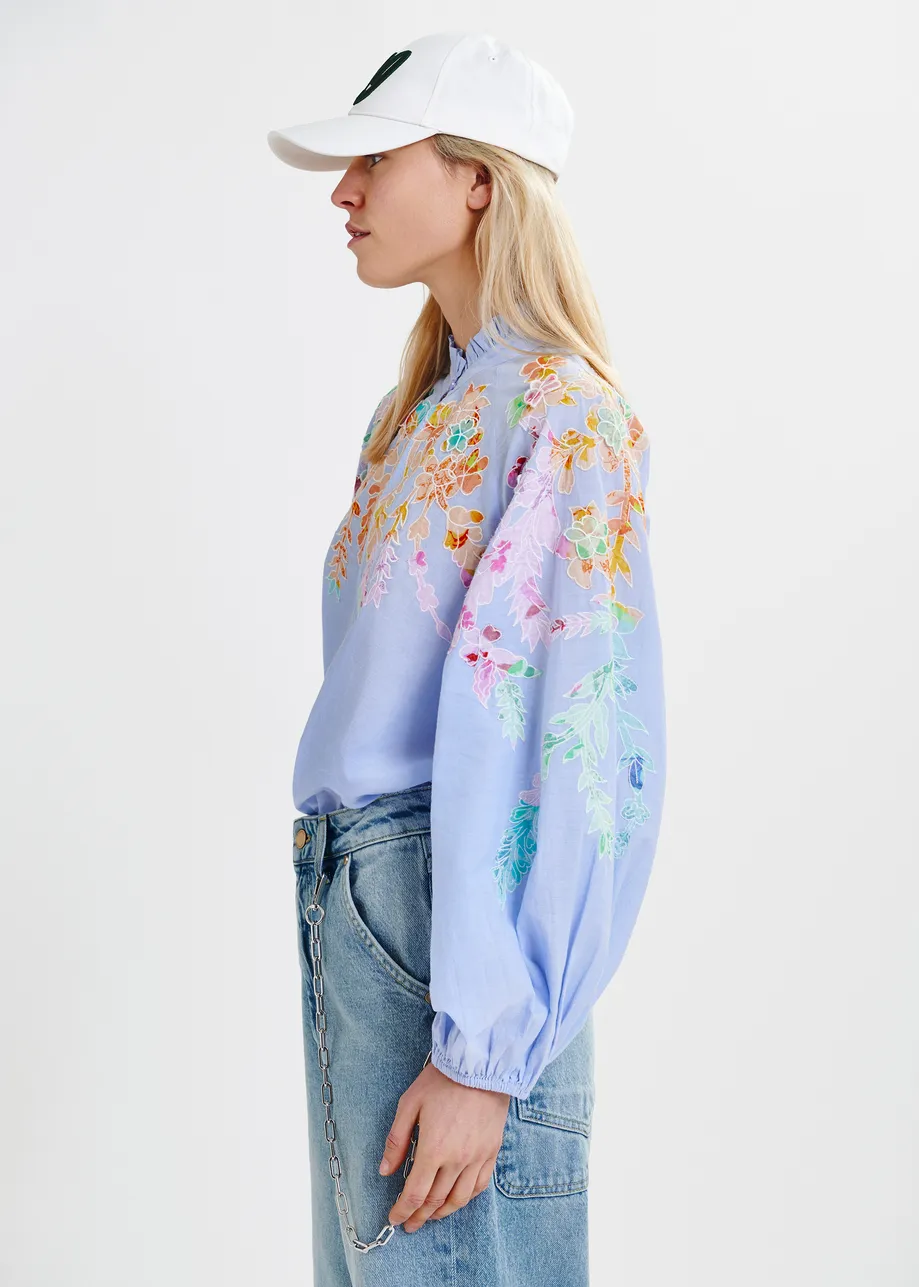 Light blue, pink and orange cotton top with floral embroidery and mandarin collar