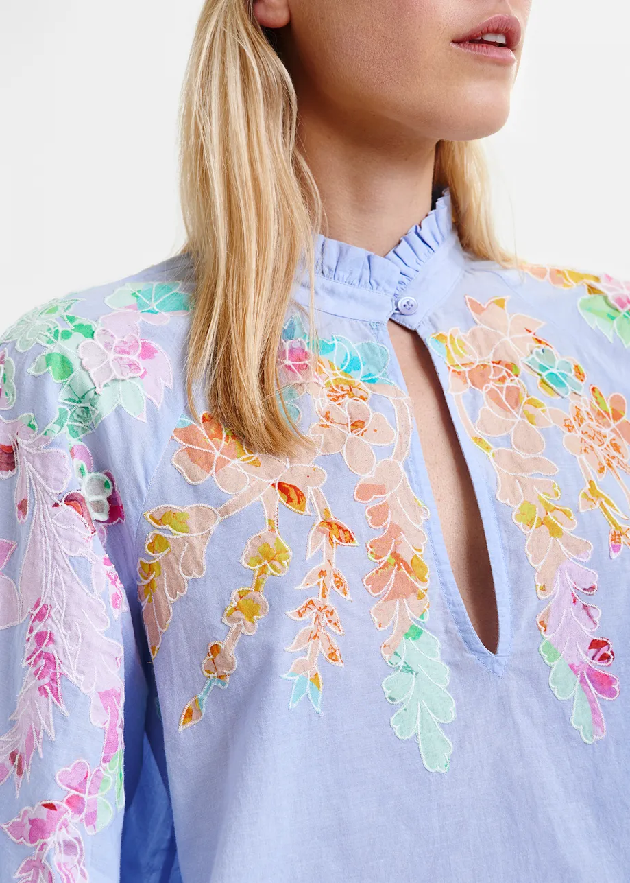 Light blue, pink and orange cotton top with floral embroidery and mandarin collar