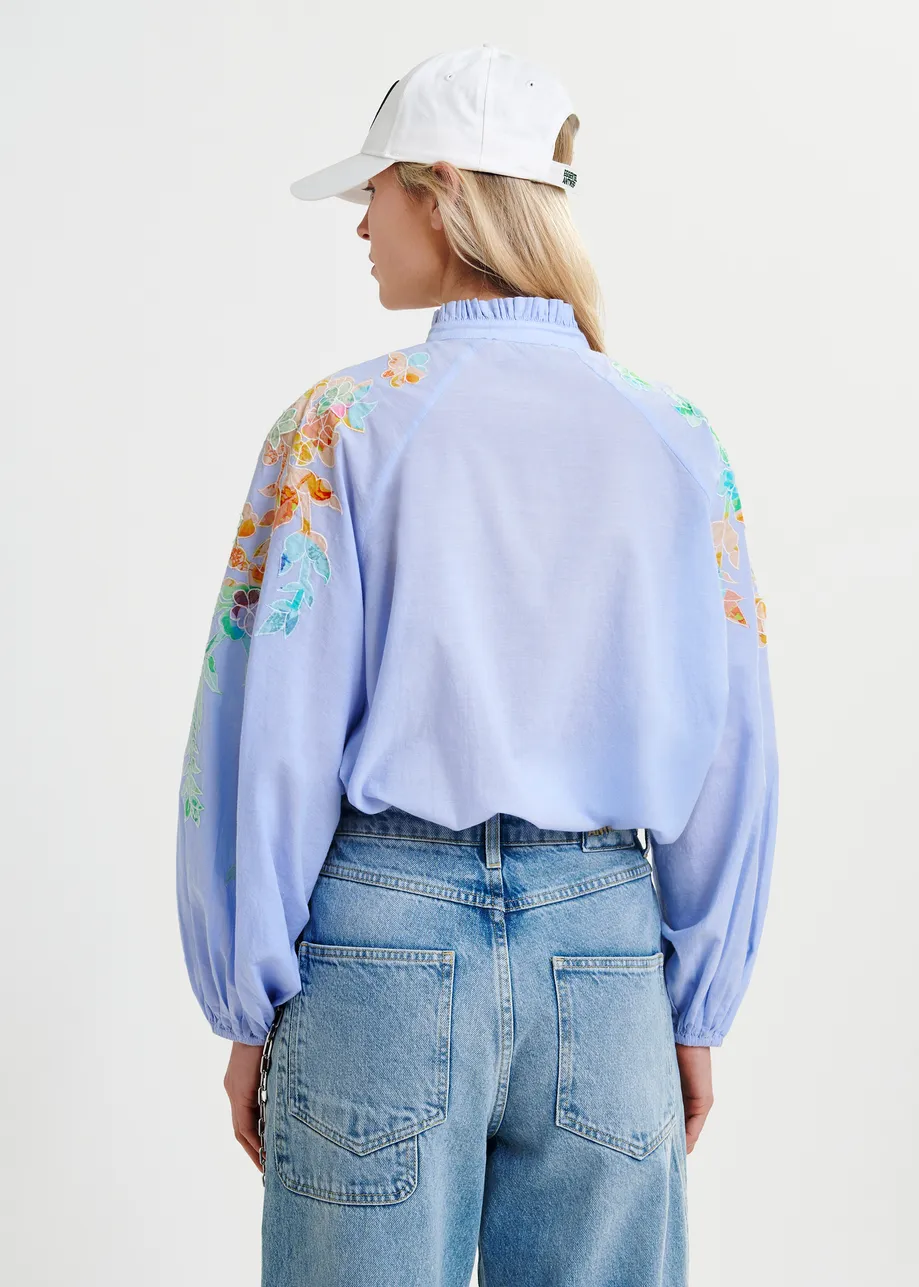 Light blue, pink and orange cotton top with floral embroidery and mandarin collar