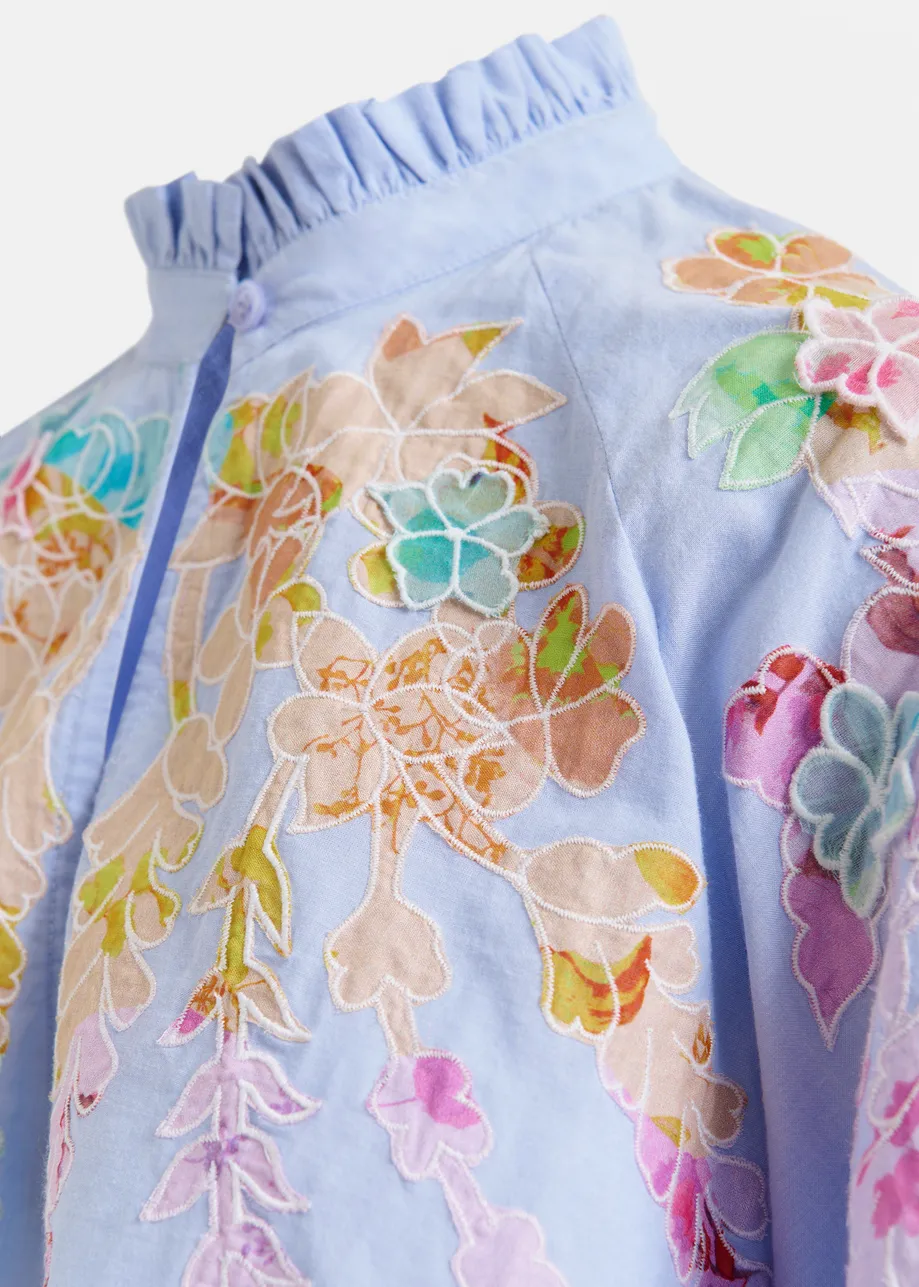 Light blue, pink and orange cotton top with floral embroidery and mandarin collar