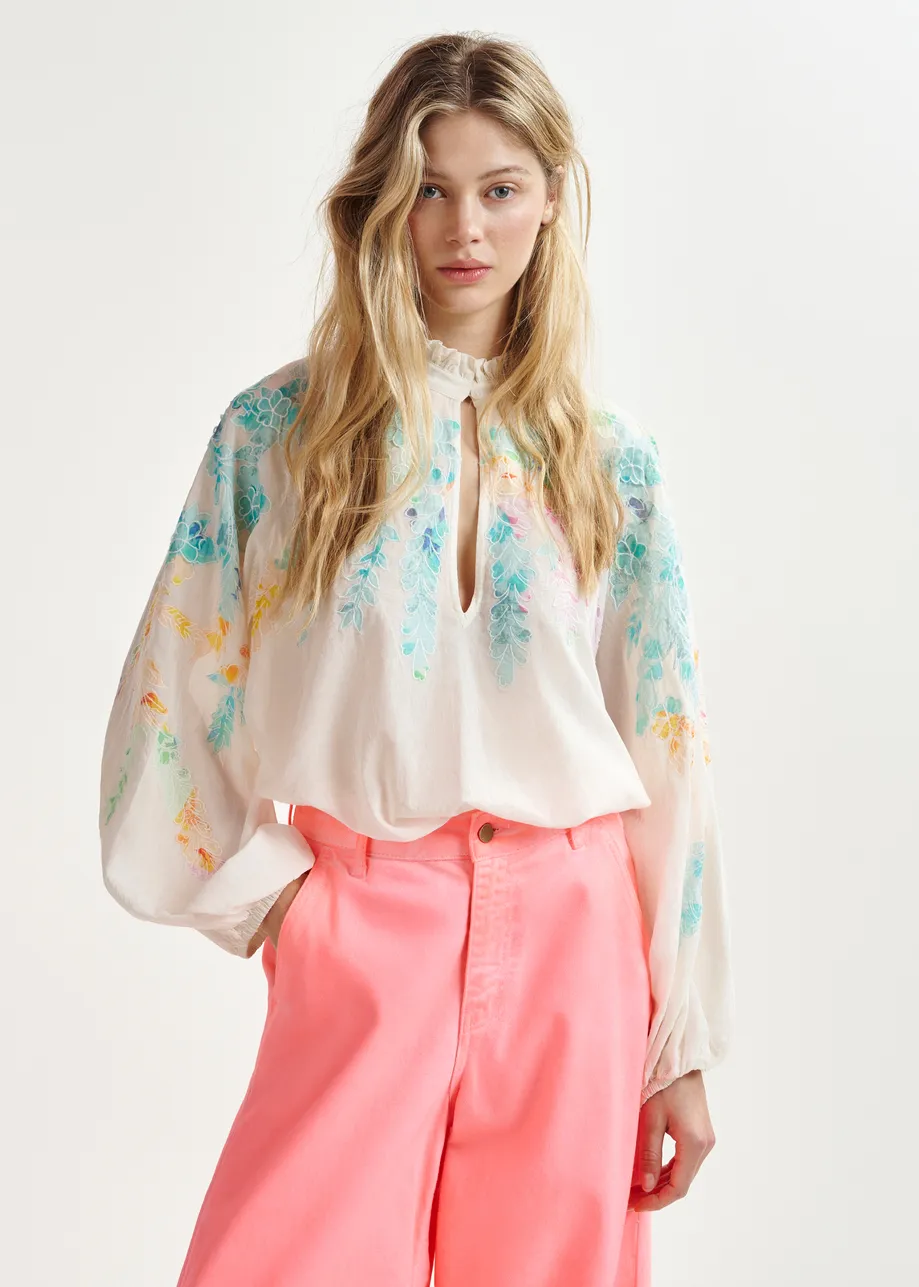 Off-white, orange and pink cotton top with floral embroidery and mandarin collar