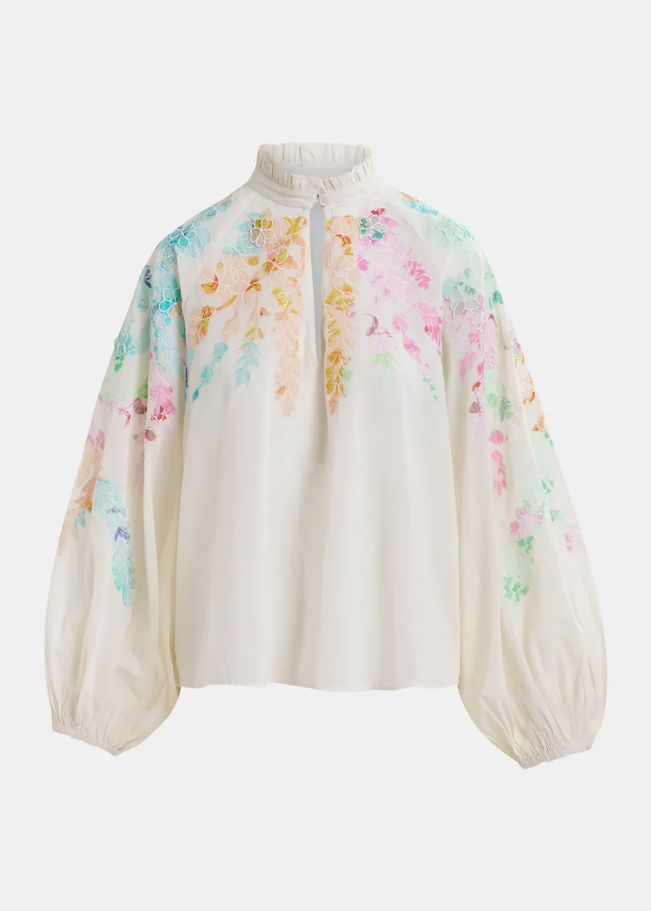 Off-white, orange and pink cotton top with floral embroidery and mandarin collar