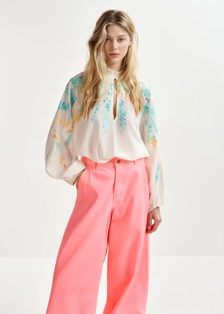 Off-white, orange and pink cotton top with floral embroidery and mandarin collar