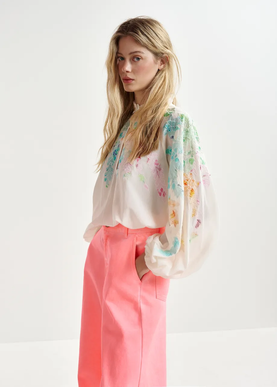 Off-white, orange and pink cotton top with floral embroidery and mandarin collar