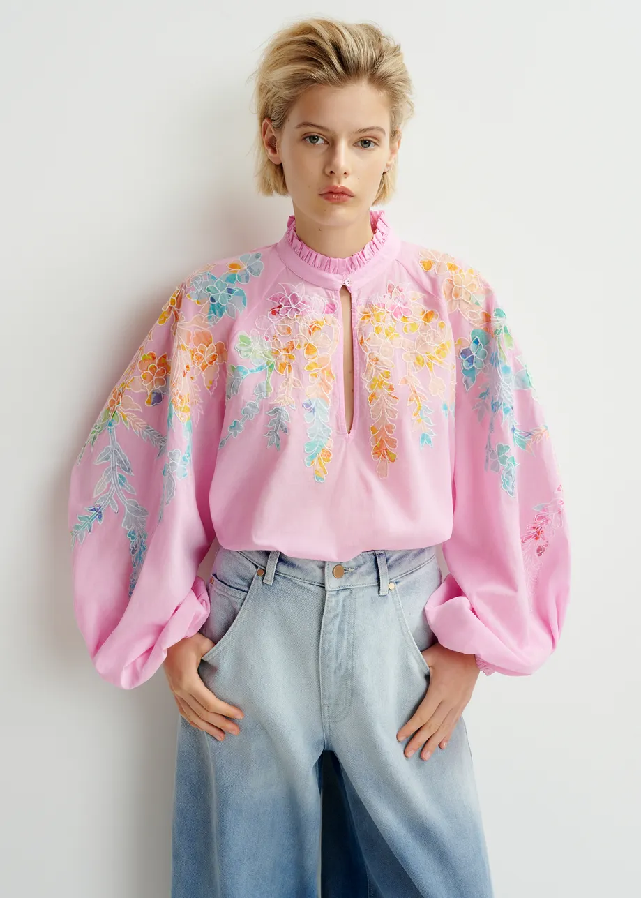 Pink, orange and blue cotton top with floral embroidery and mandarin collar