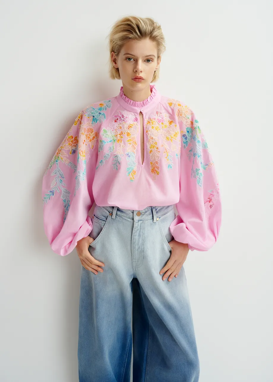 Pink, orange and blue cotton top with floral embroidery and mandarin collar