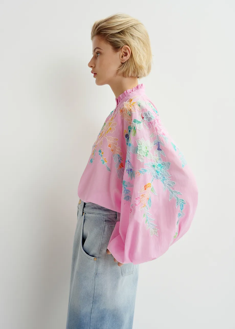 Pink, orange and blue cotton top with floral embroidery and mandarin collar