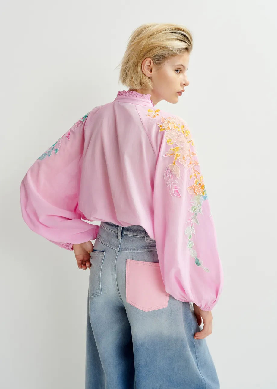 Pink, orange and blue cotton top with floral embroidery and mandarin collar