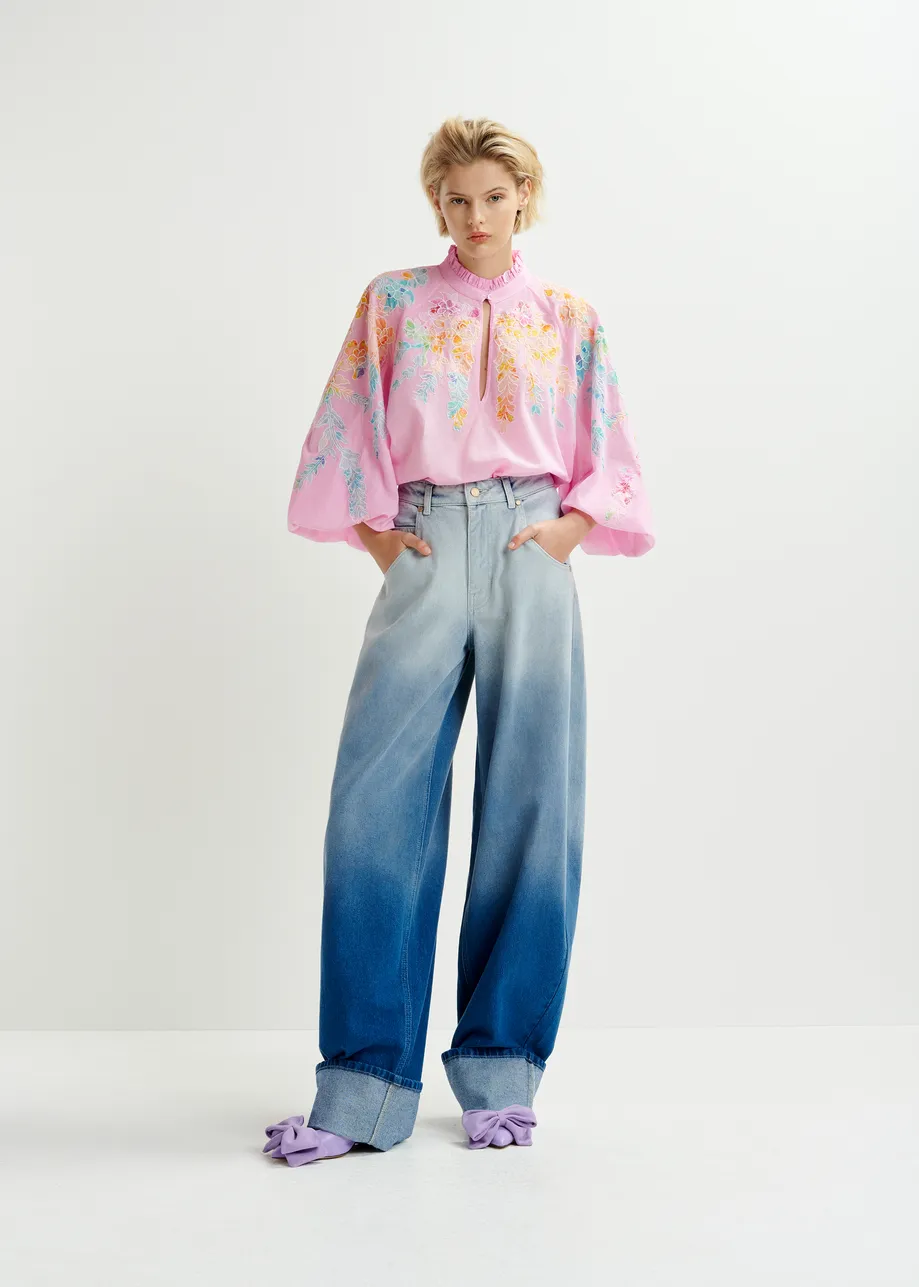 Pink, orange and blue cotton top with floral embroidery and mandarin collar