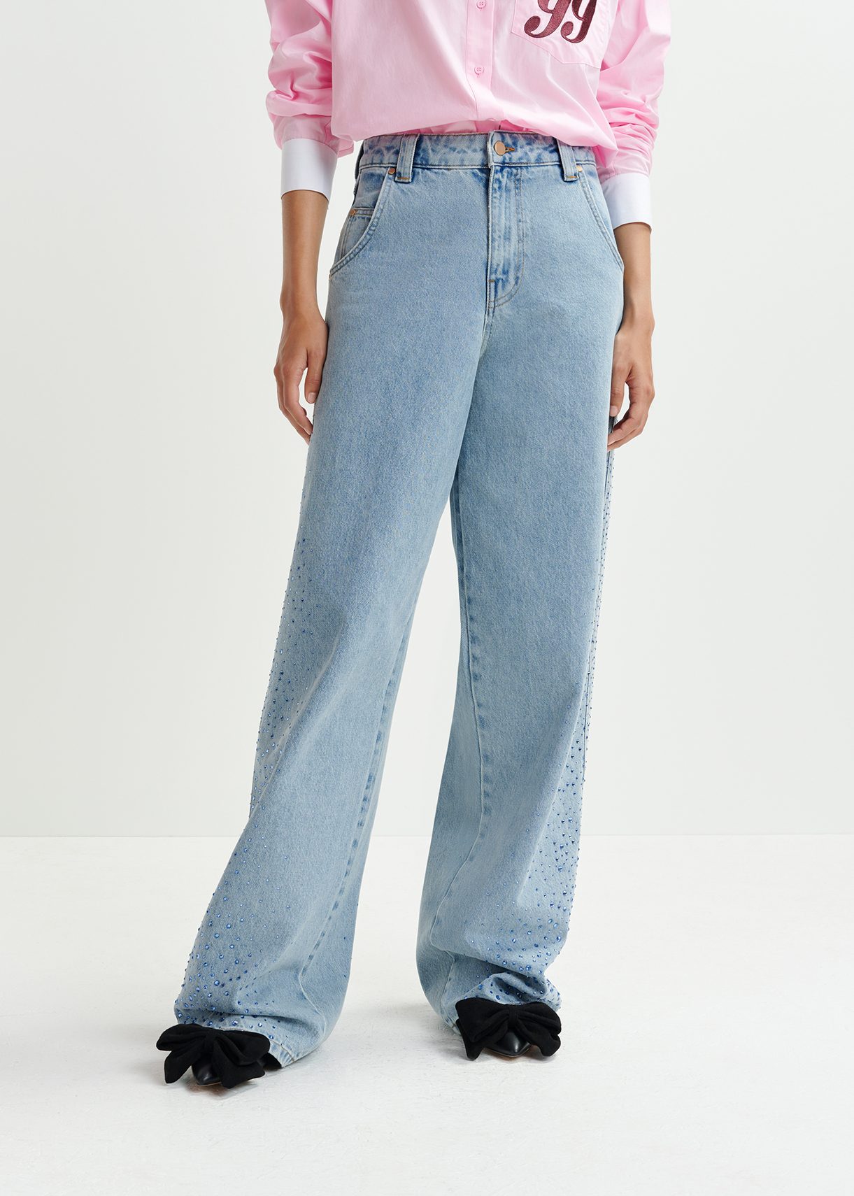 Light blue rhinestone-adorned high-rise wide-leg jeans | Essentiel