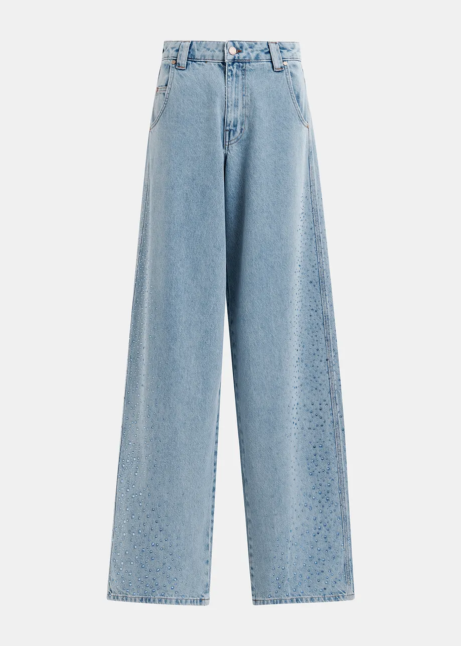 Hellblaue, mit Strass versehene High Waist Jeans mit weitem Bein