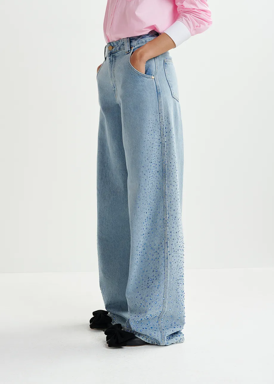 Light blue rhinestone-adorned high-rise wide-leg jeans